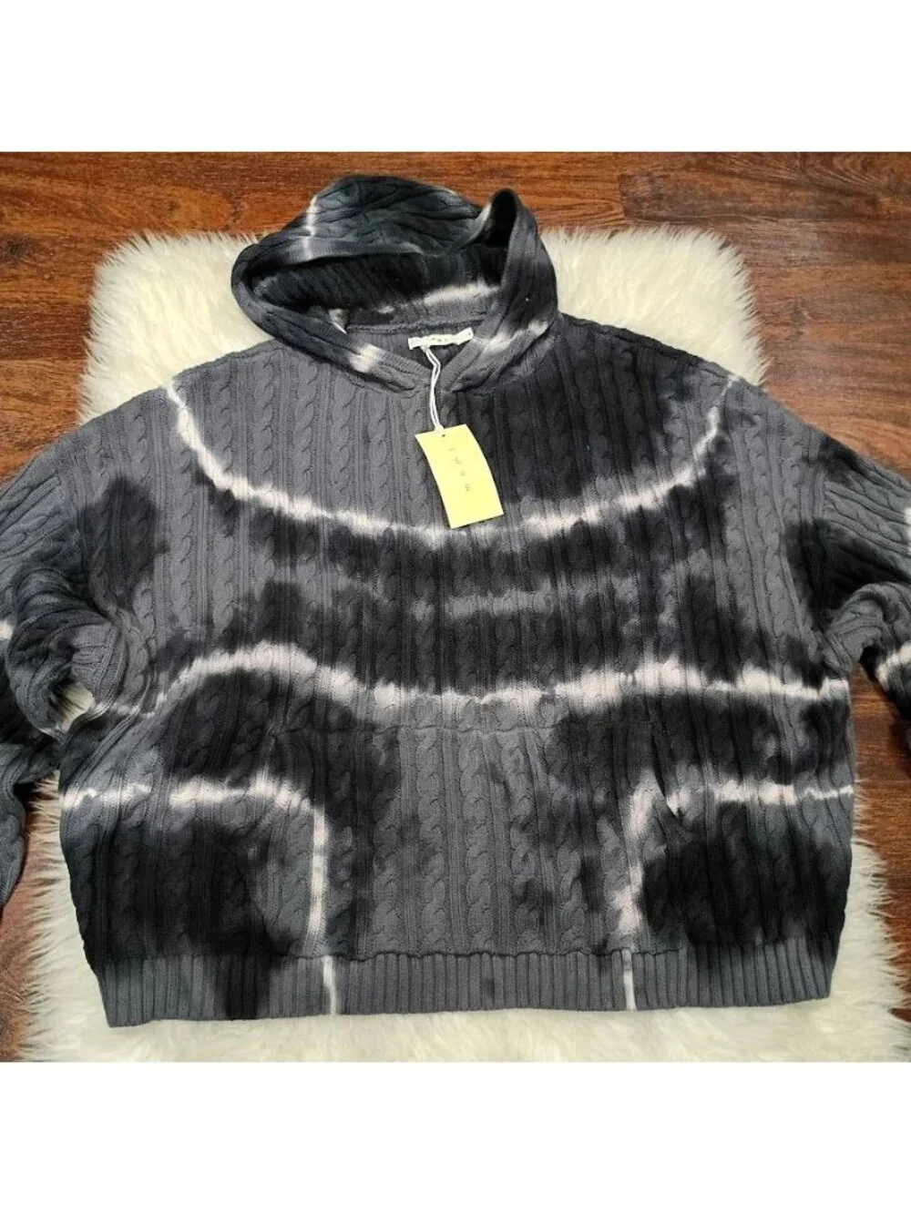 MNML Mens Tie Dye Cable Knit Hoodie Black  M Cotton Cropped Oversized Fit New Wi - Picture 10 of 13